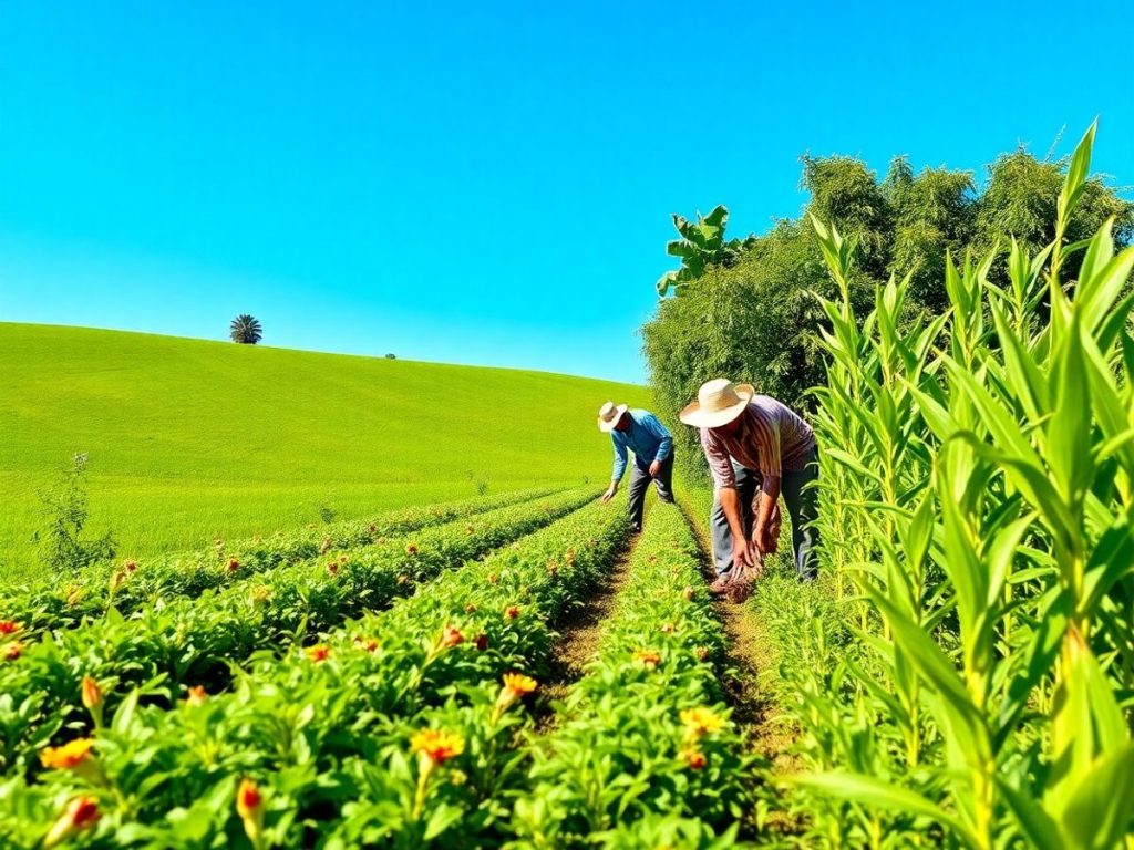 Peisaj agricol cu câmpuri verzi și recolte roditoare.