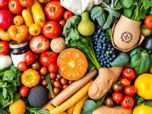Produse alimentare sustenabile la un market local.