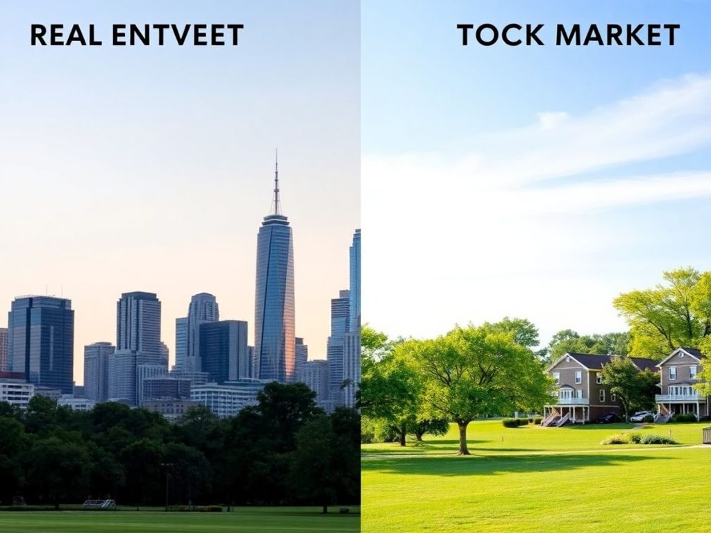 Investiții imobiliare și bursă în contrast vizual.