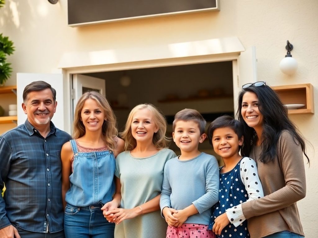 Familie, afacere, succes, creștere, colaborare, zâmbete, generații, viitor, mâini, construcție.