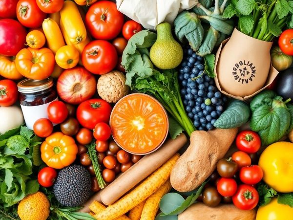 Produse alimentare sustenabile la un market local.