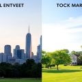 Investiții imobiliare și bursă în contrast vizual.