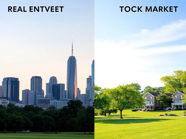 Investiții imobiliare și bursă în contrast vizual.