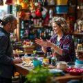 Proprietar de afaceri mici în România, interacționând cu clienții.