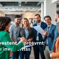 Grup divers discutând un proiect într-un birou modern.